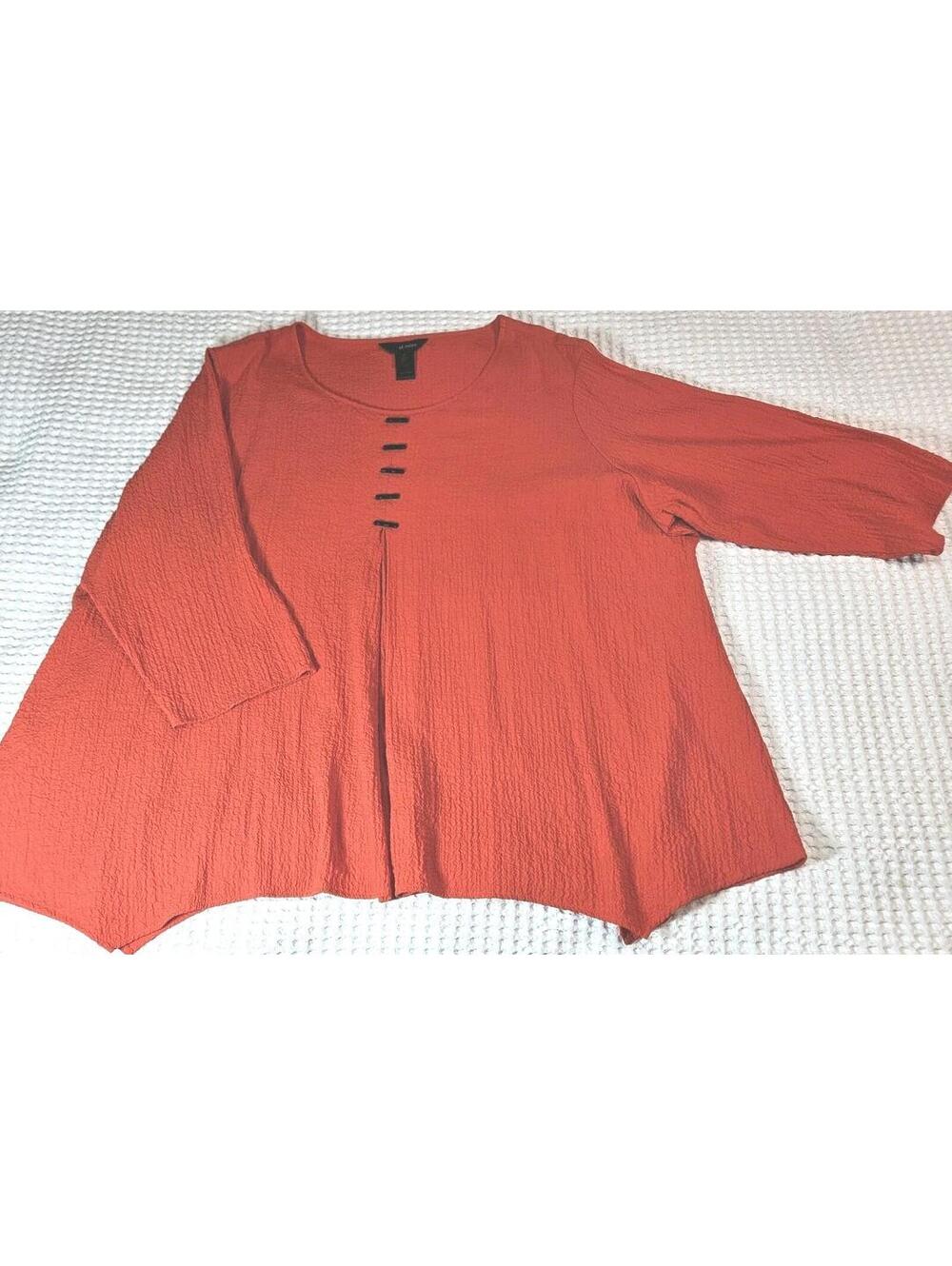 Ali Miles Tunic Top Plus 3X Textured Red-Orange w/ Button Details 3/4 Sleeves